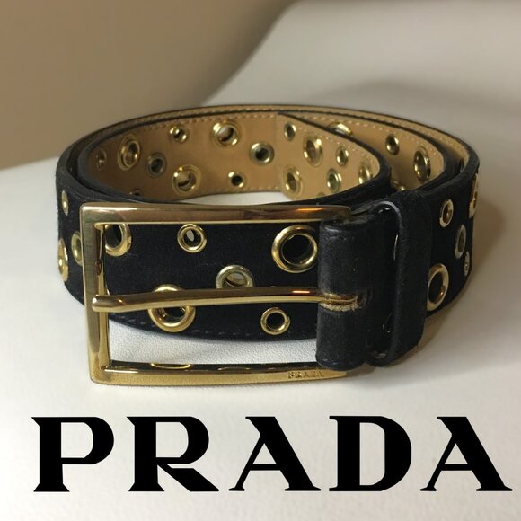 Prada Accessories - Black & Gold Grommet Suede 𝐏𝐑𝐀𝐃𝐀 Belt
